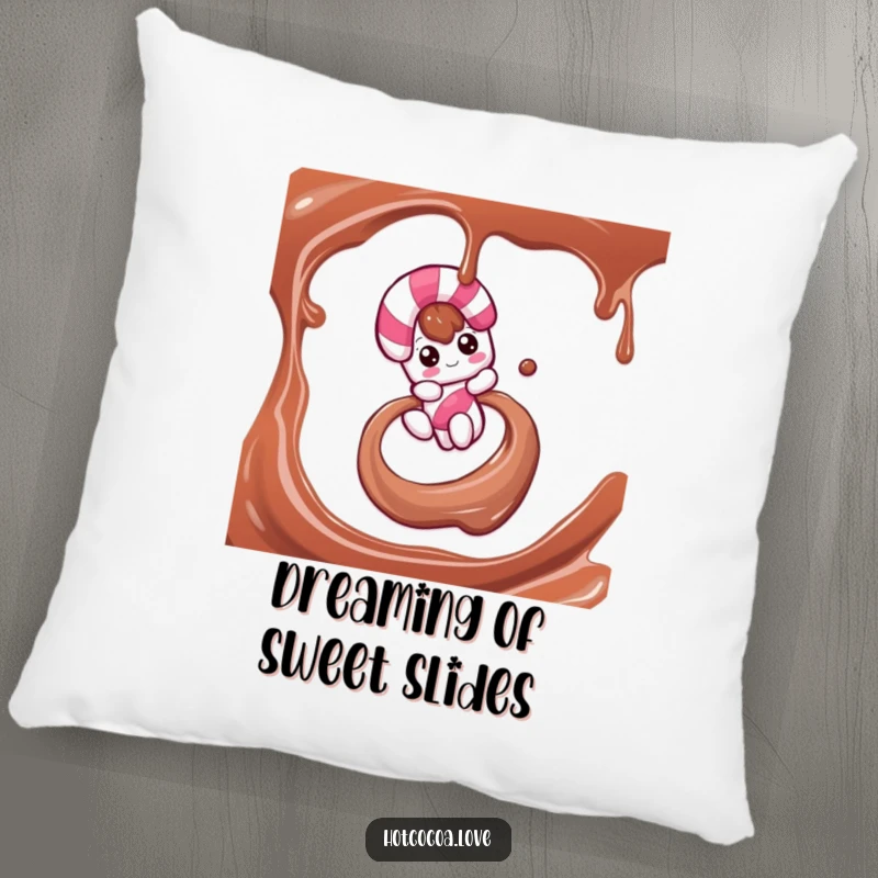 Funny pillow with a candy cane character sliding down a chocolate syrup swirl, offering festive comfort and sweet holiday vibes.