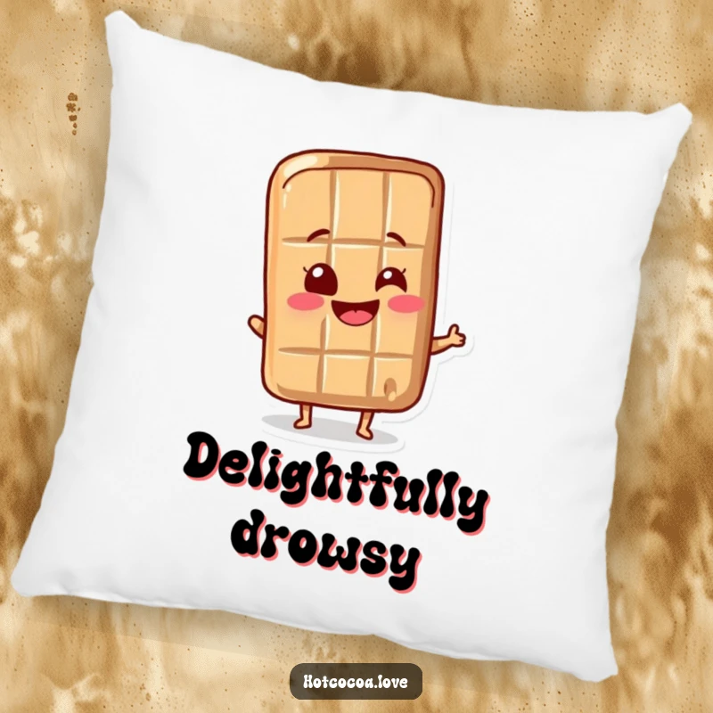Funny chocolate bar character wiggling its wrapper with delight, depicted on a soft and comfy pillow, a humorous and sweet accent.