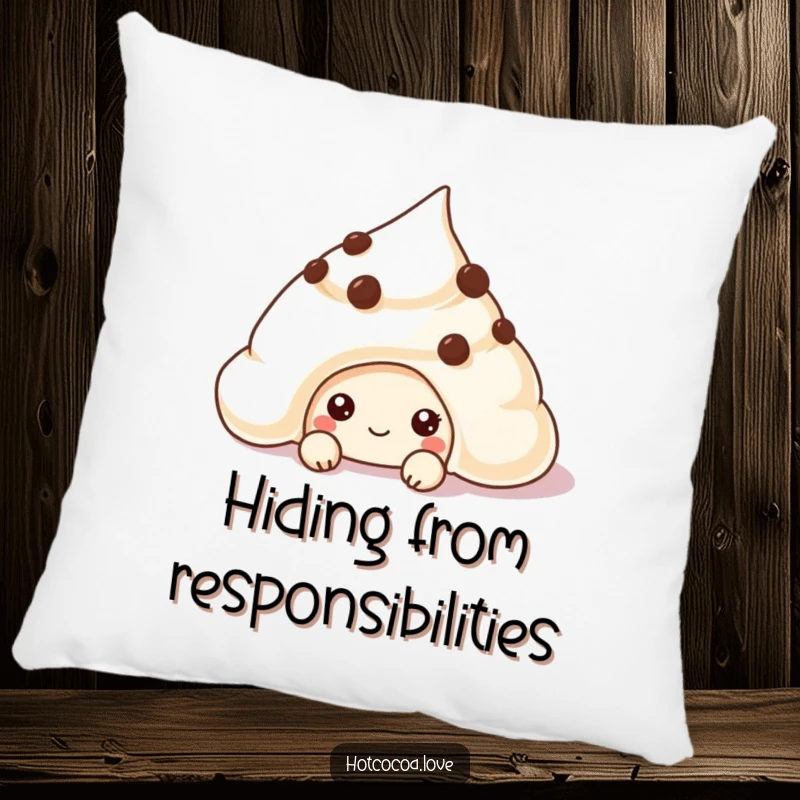 Funny chocolate chip cookie peeking from a dollop of cream on a soft pillow, bringing sweet comfort and humor.