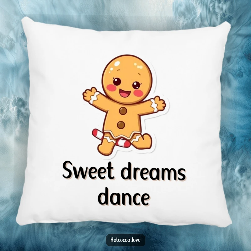 Funny throw pillow with a delighted gingerbread cookie character excitedly dancing on a candy cane, offering comfort and holiday cheer.