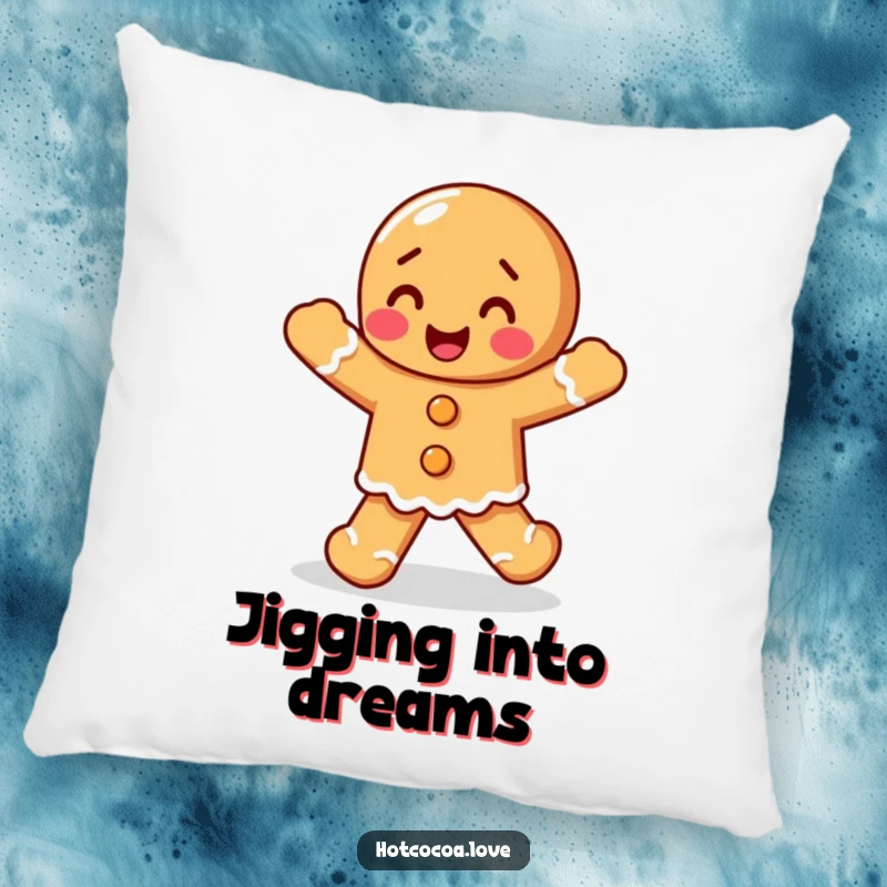Funny delighted gingerbread person doing a happy jig, depicted on a soft and comfy pillow, a humorous and festive accent.