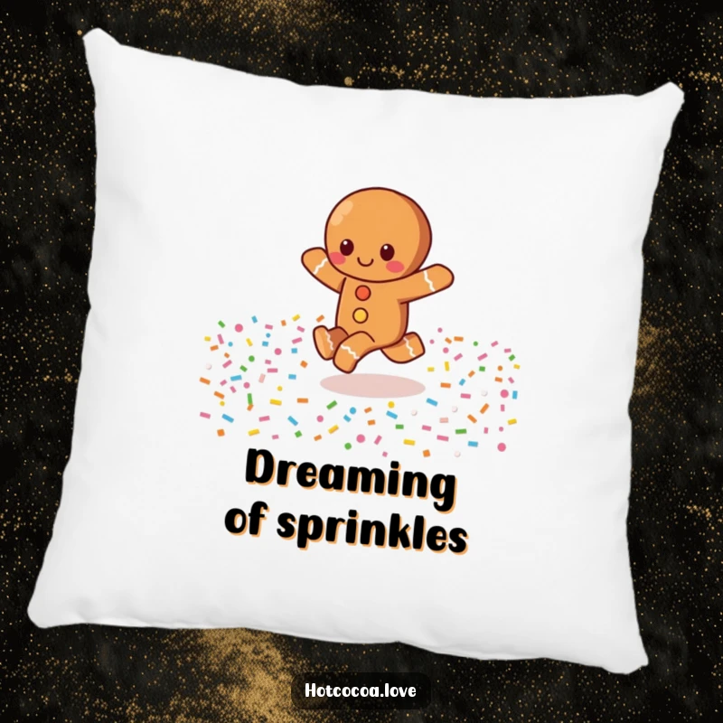 Funny pillow with a happy gingerbread character skipping through a field of sprinkles, offering soft comfort and sweet holiday vibes.