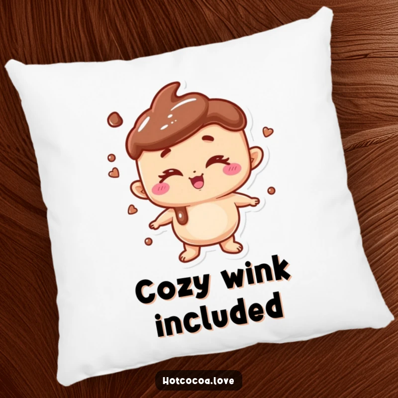 Funny pillow with a playful anthropomorphic hot chocolate character winking, perfect for cozy, humorous, and comforting decor.