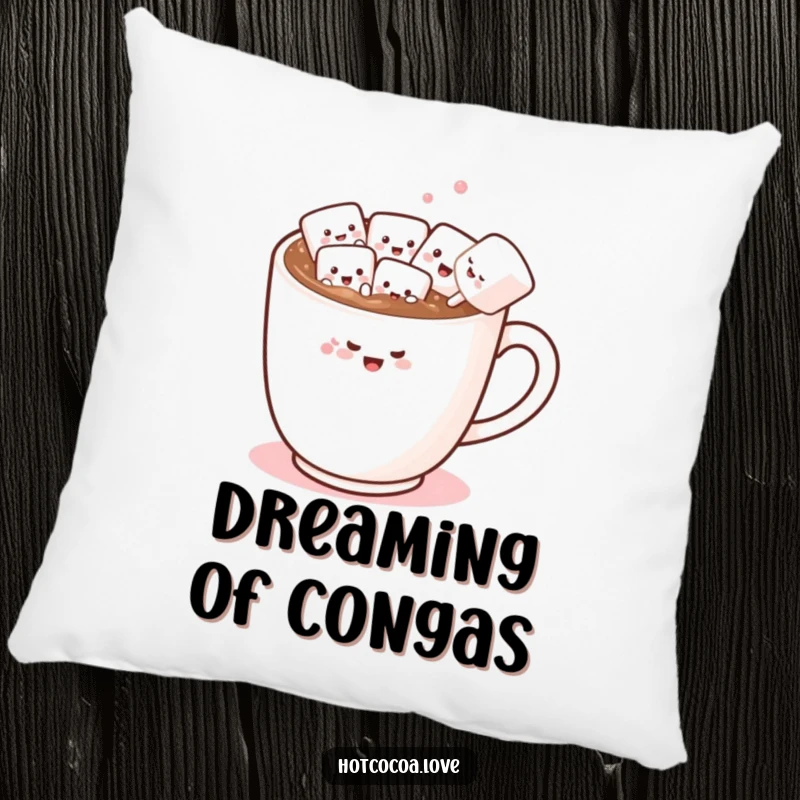 Funny decorative pillow with a hot chocolate mug and marshmallow friends conga dancing, adding a playful and cozy element.