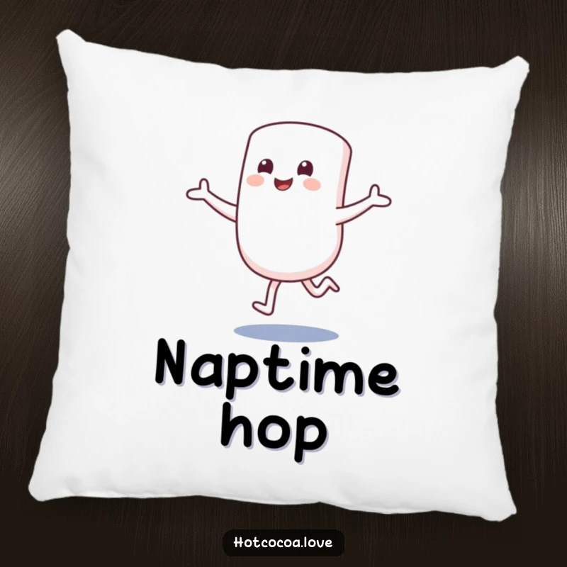 Funny pillow featuring a smiling marshmallow character hopping excitedly with arms outstretched. Soft and sweet home decor.