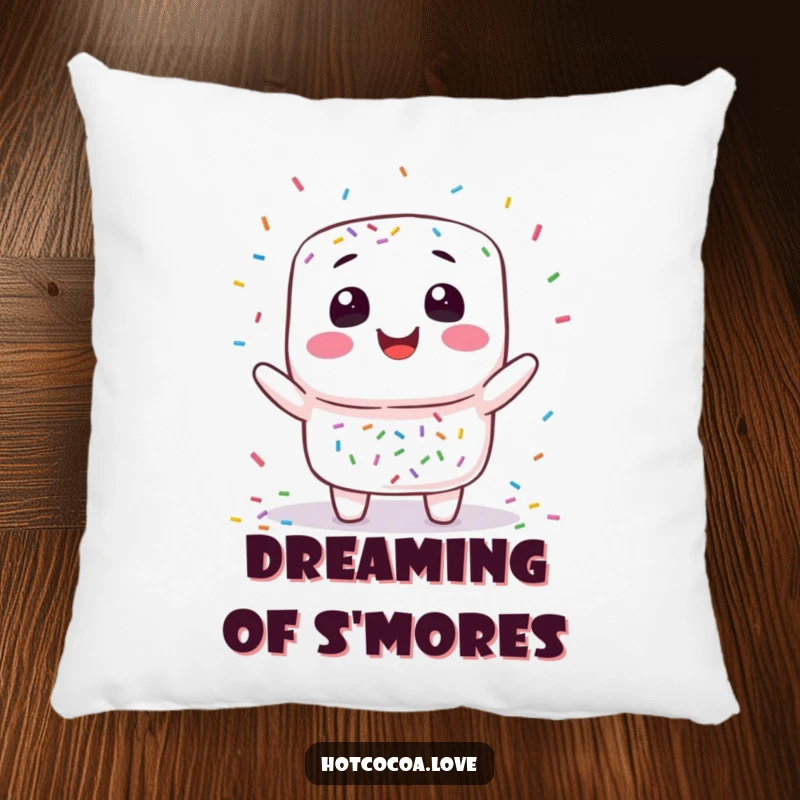 Funny marshmallow juggling pillow with a smiling marshmallow character playfully tossing colorful sprinkles, perfect for adding sweet charm.