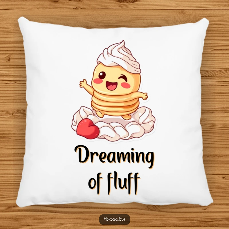 Funny throw pillow with a giggling stack of pancakes character joyfully leaping through whipped cream, offering comfort and a laugh.