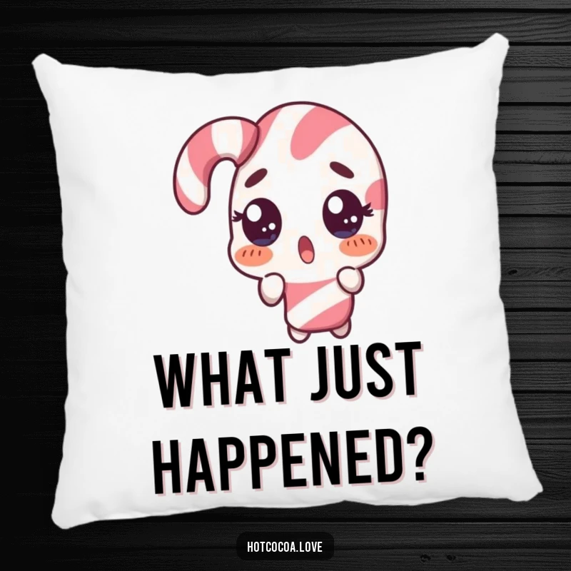 Funny pillow with a surprised candy cane character in a comical double take, soft and humorous decor, ideal funny gift.