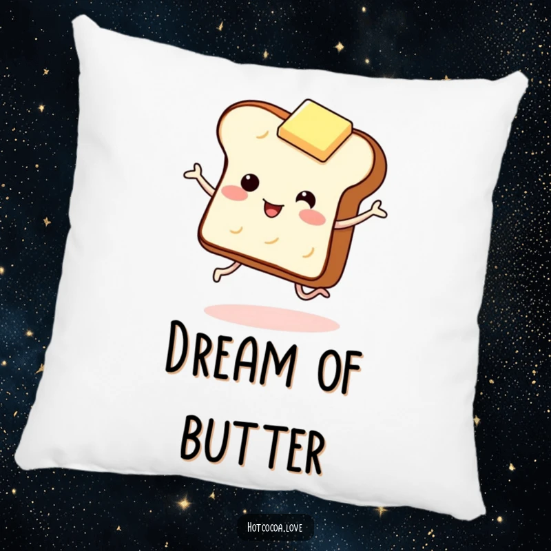 Funny pillow featuring a giggling piece of toast with legs dancing with a butter pat. Soft and humorous breakfast decor.
