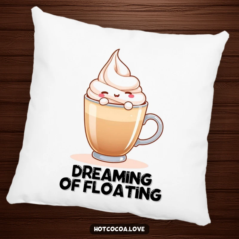 Funny pillow with a happy whipped cream character floating on a hot beverage, offering soft comfort and sweet relaxation.