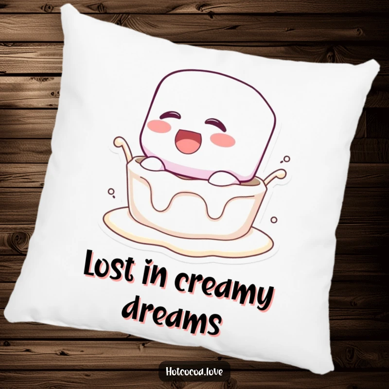 Funny pillow with a laughing marshmallow character sinking into creamy liquid, providing soft comfort and sweet humor.