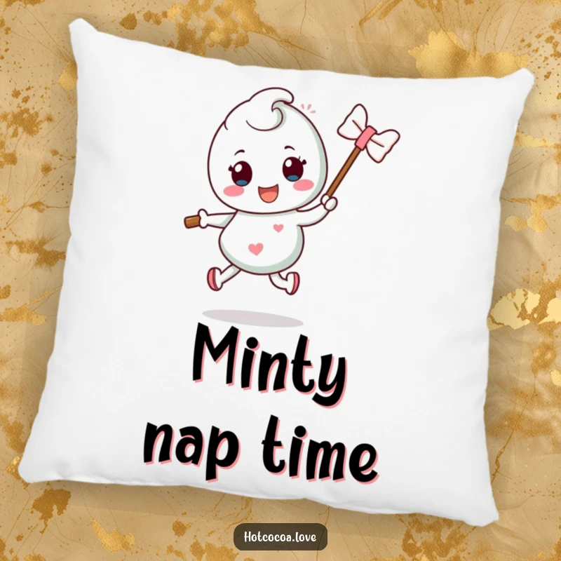 Funny mint candy character with a stick performing a silly hop, depicted on a soft and comfy pillow, a humorous and refreshing accent.