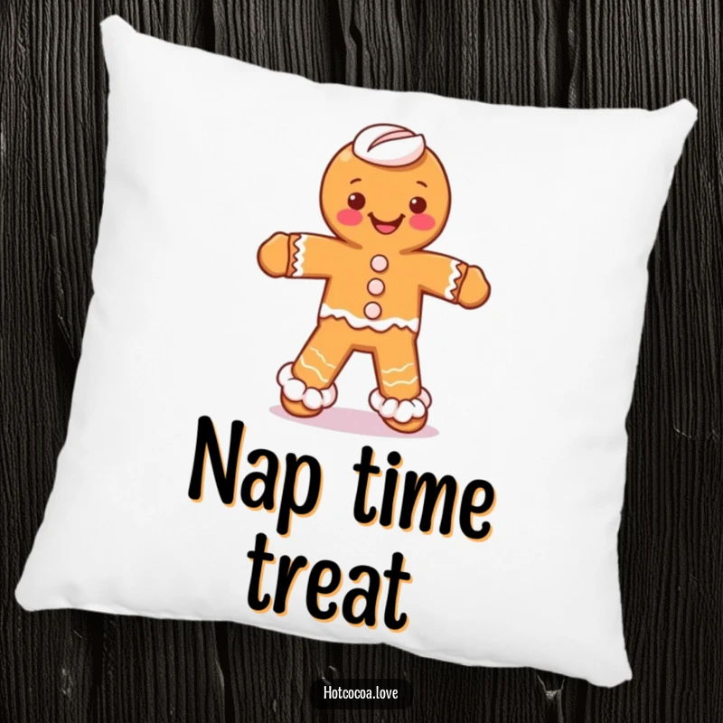 Funny decorative pillow with a gingerbread man character dancing silly, featuring whipped cream legs, adding a sweet touch.