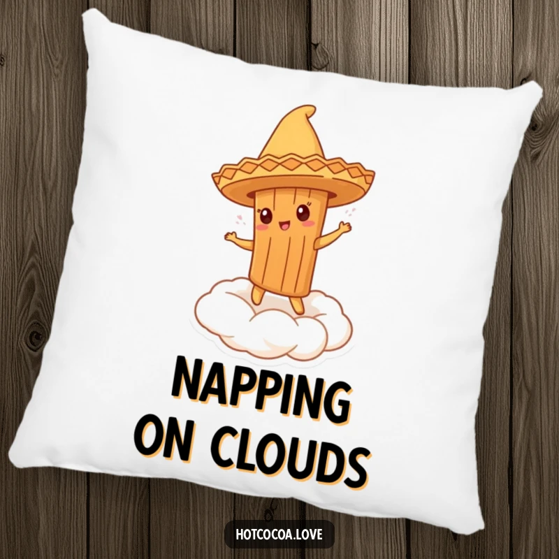 Funny throw pillow with a cinnamon stick character in a sombrero dancing on whipped cream, adding a festive touch.