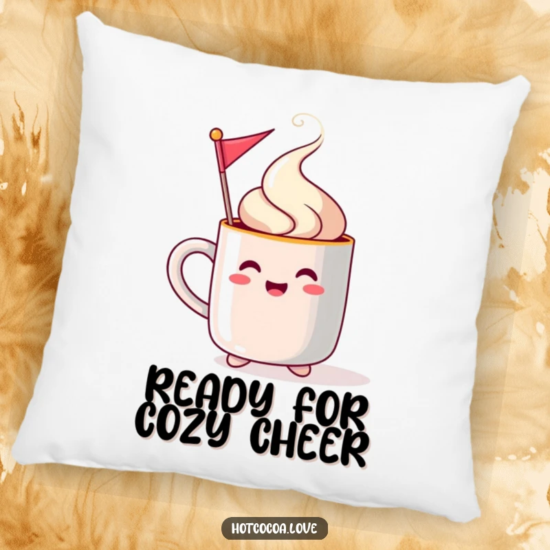 Funny steaming mug character waving a festive flag on a soft pillow, bringing cozy holiday cheer.