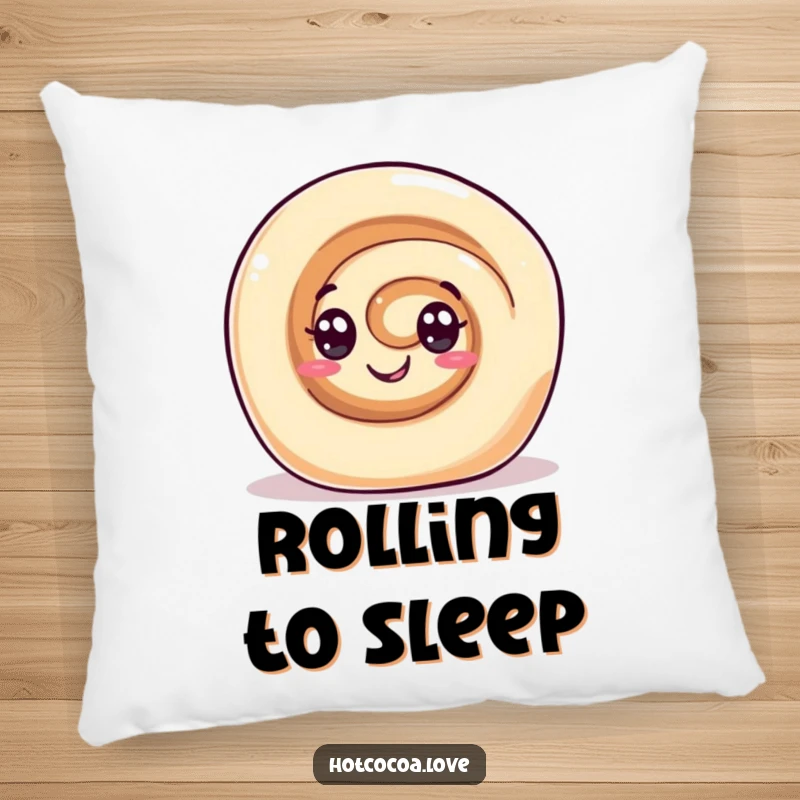 Funny pillow featuring a gleeful cinnamon roll character with swirl eyes rolling happily. Soft and sweet home decor.