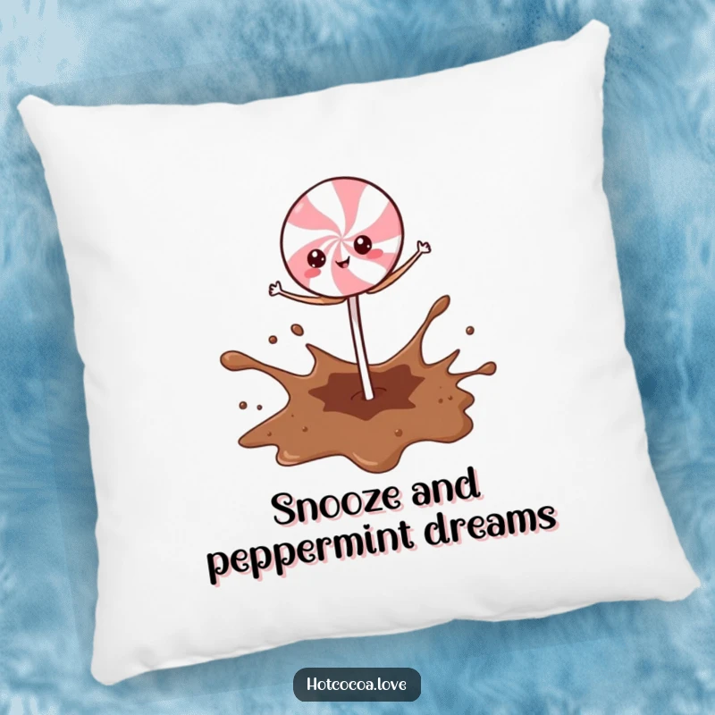 Funny Peppermint Stick character comically balancing on a cocoa splash, soft and humorous decorative pillow.
