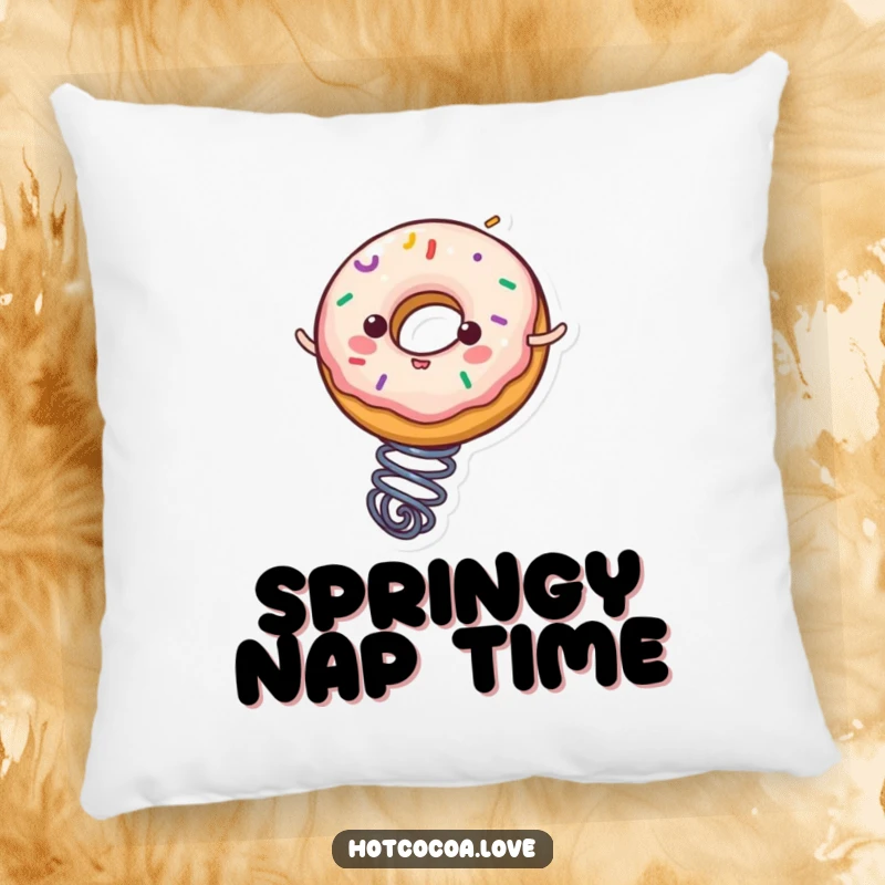 Funny donut character with sprinkles bouncing on a spring, depicted on a soft and comfy pillow, a humorous accent.