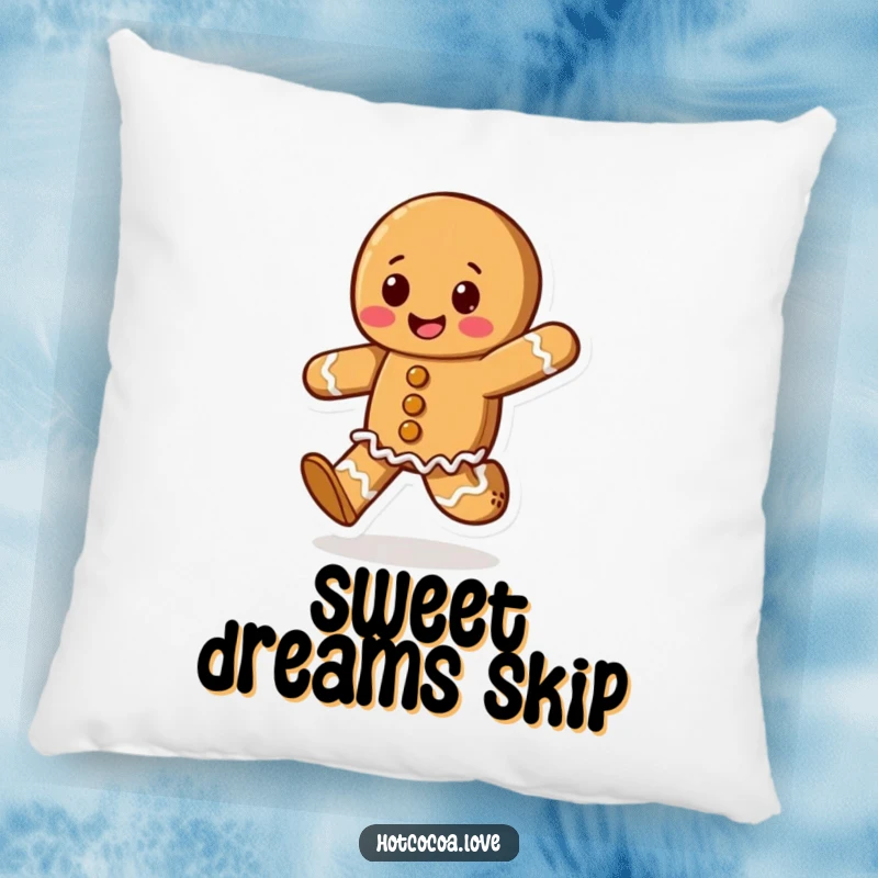 Funny pillow featuring a happy gingerbread cookie character skipping with glee, adding a soft and festive touch to any room.