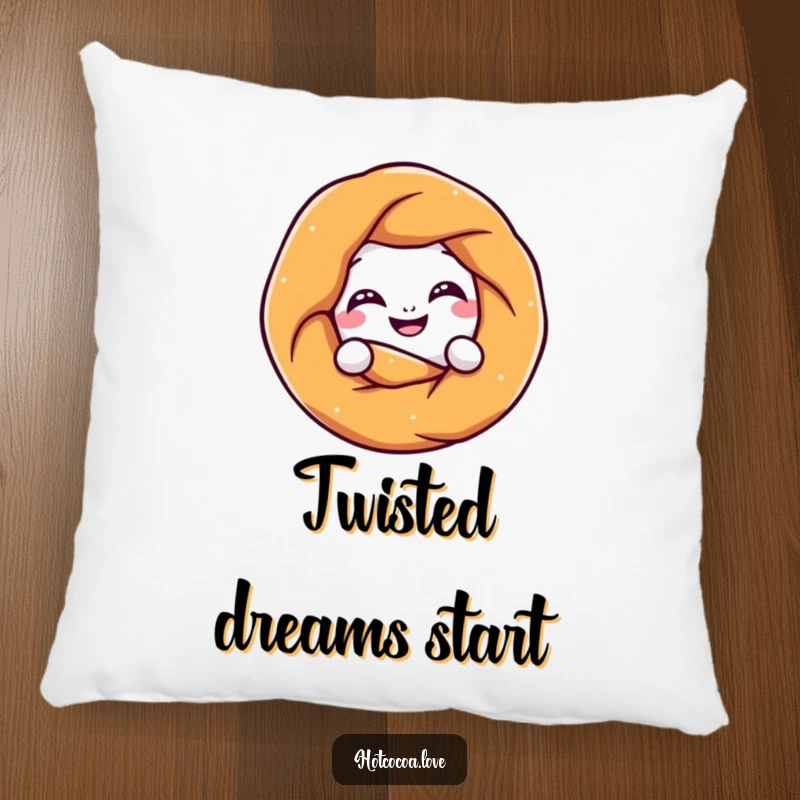 Funny pretzel character playfully twisting into a knot with a grin, depicted on a soft and comfy pillow, a humorous and quirky accent.