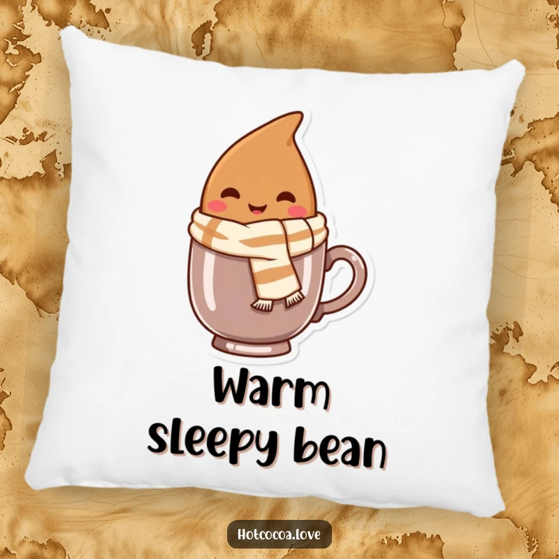 Funny pillow featuring a smiling cocoa bean character wearing a tiny scarf, peeking from a mug, perfect for cozy comfort.