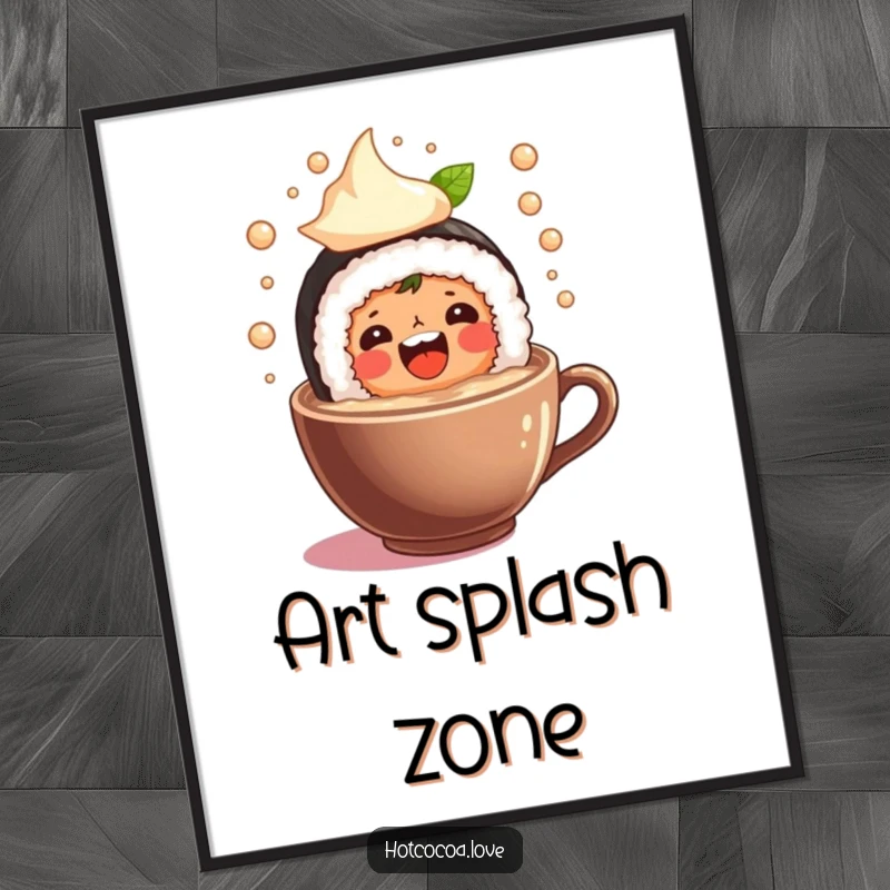 Funny digital art print of a beaming sushi roll character joyfully splashing in hot cocoa, an instant download for humorous decor.