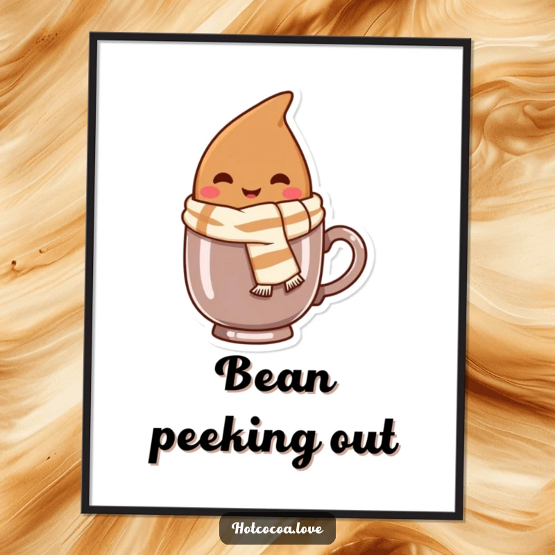 Funny digital art print of a smiling cocoa bean character wearing a tiny scarf, peeking from a mug, ideal for decor.