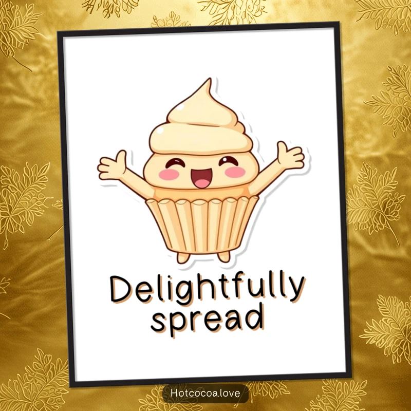 Funny digital art print of a delighted cupcake character with arms spread wide, radiating pure joy and sweetness.