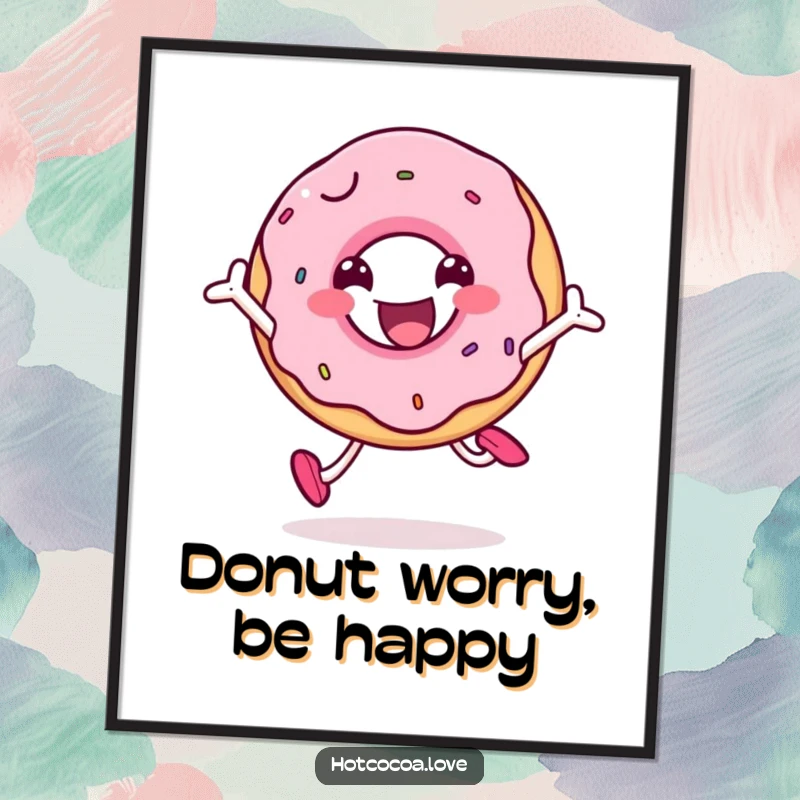Funny smiling doughnut character joyfully jumping, downloadable humorous art print with a sweet theme.