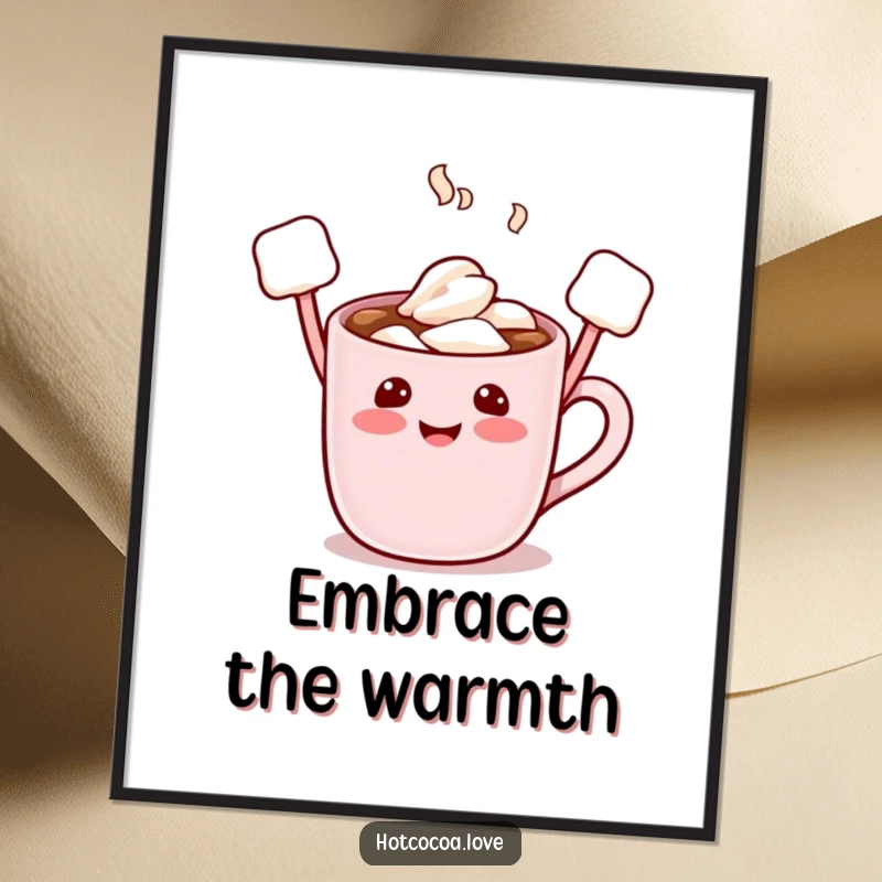 Funny digital art print of a smiling hot cocoa mug character with marshmallow arms raised, radiating happiness and festive vibes.