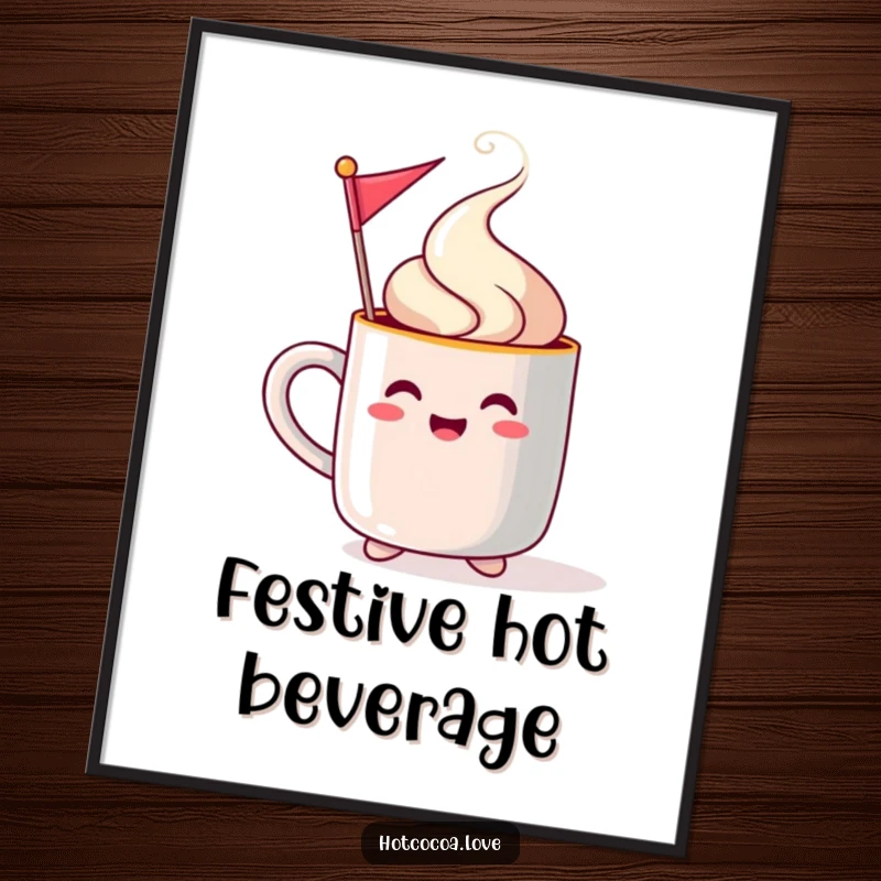 Funny steaming mug character waving a festive flag, a digital art print bringing cheerful holiday humor to any room.