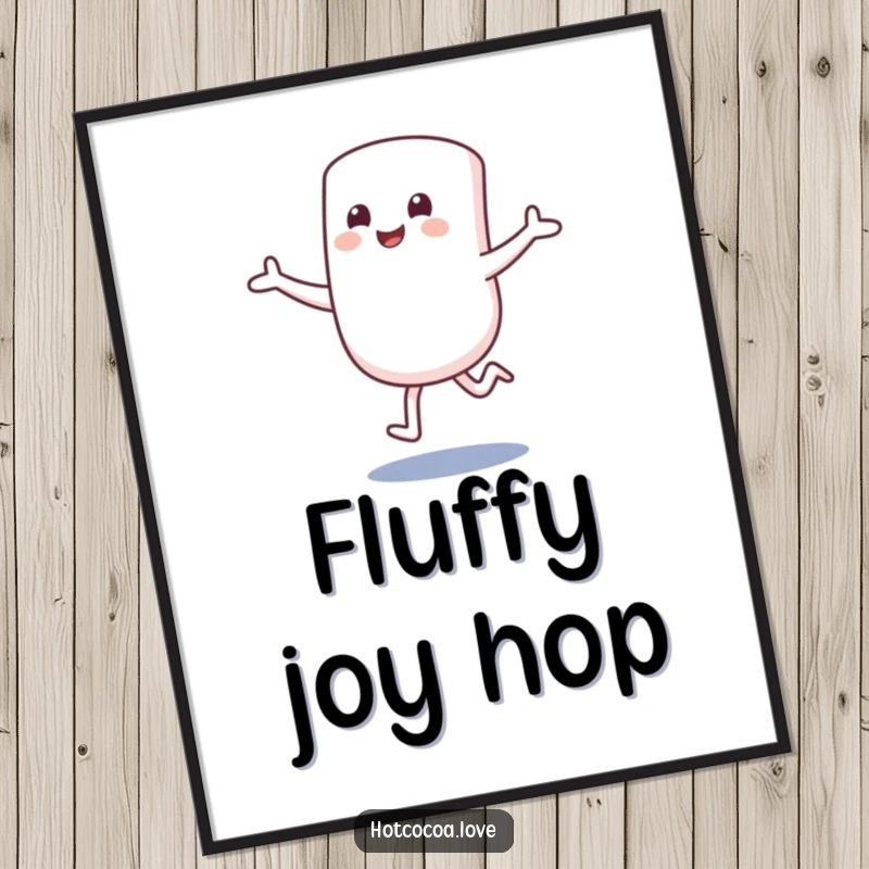 Funny digital art print of a smiling marshmallow character hopping excitedly with arms outstretched. Instant sweet decor.
