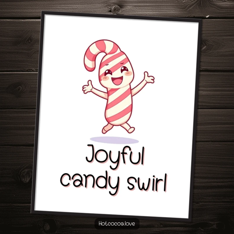 Funny digital art print of a smiling candy cane character dancing joyfully, radiating festive holiday spirit and cheer.