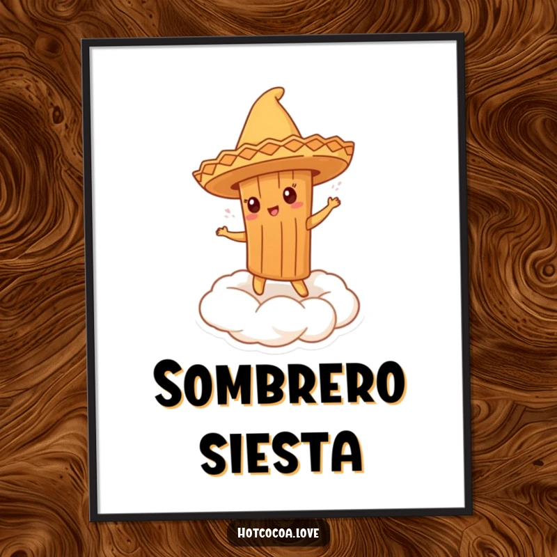 Funny digital art print of a cinnamon stick character in a sombrero dancing energetically on a whipped cream cloud.
