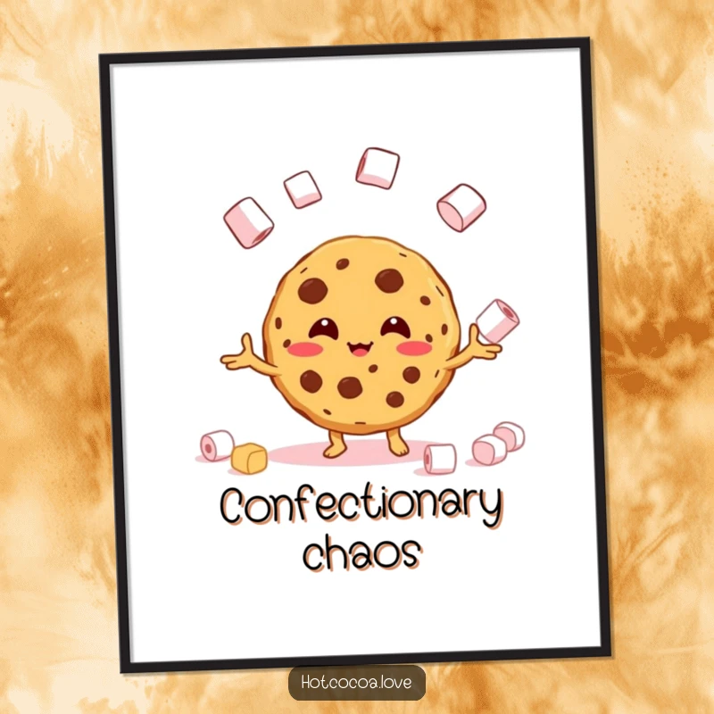 Funny digital art of a beaming cookie character attempting to juggle marshmallows, ready to print.