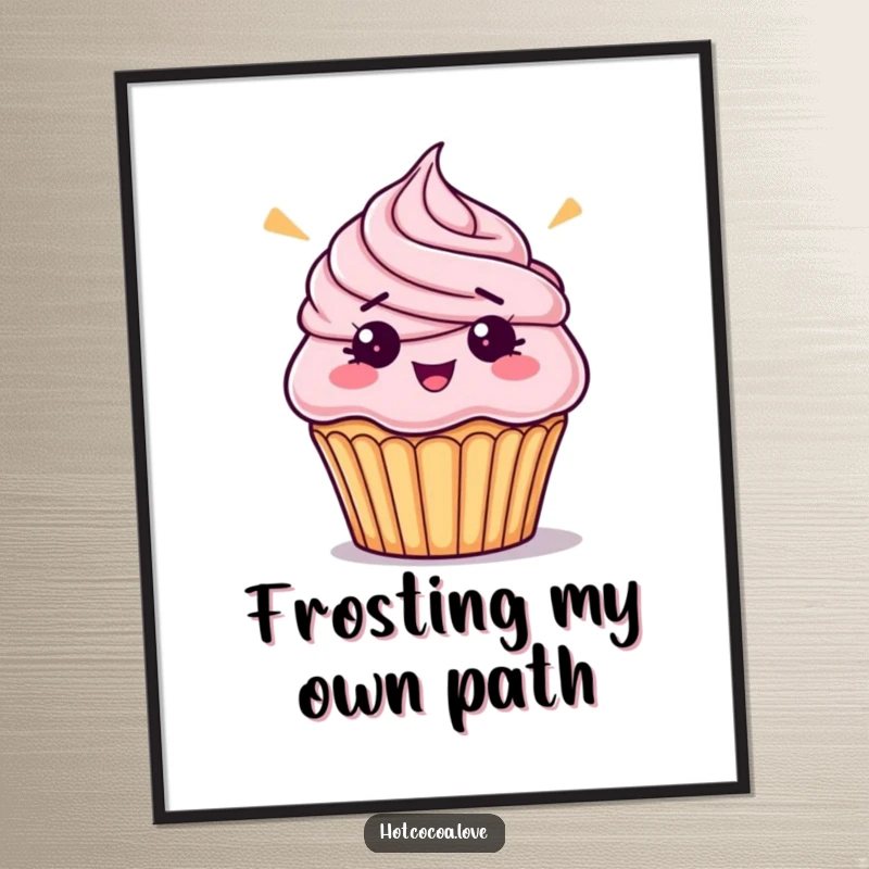 Funny bewildered cupcake with askew frosting, a charming digital art print for instant humorous dessert decor.