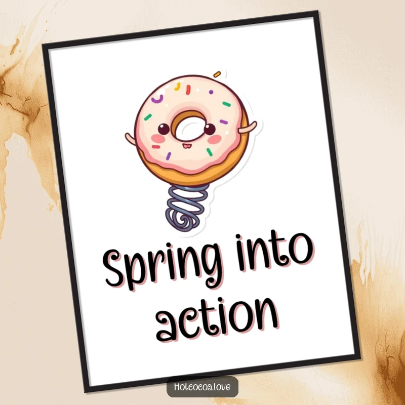 Funny donut character with sprinkles bouncing on a spring, a vibrant digital art print for immediate download and display.