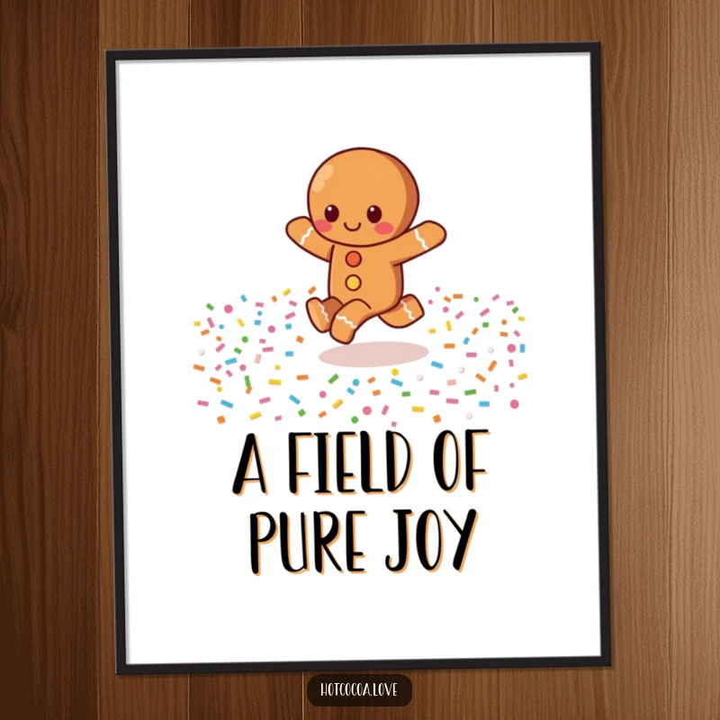 Funny digital art print of a joyful gingerbread character skipping through a colorful field of sprinkles, embodying sweet holiday spirit.