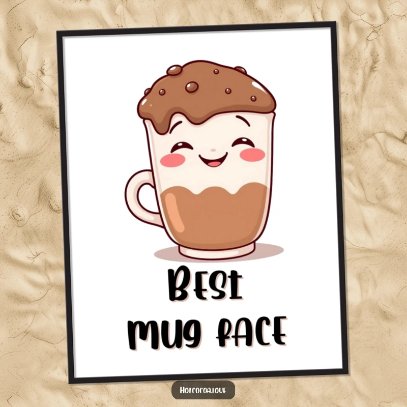 Funny grinning hot chocolate mug mugging for the camera, a charming digital art print for instant humorous decor.