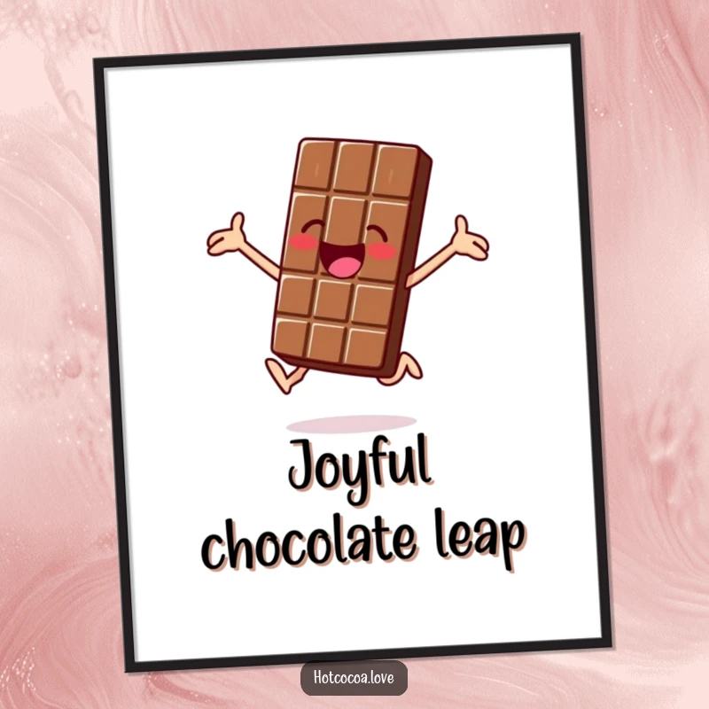 Funny digital art print of a jolly chocolate bar character jumping for joy, instantly cheerful decor, great funny gift.