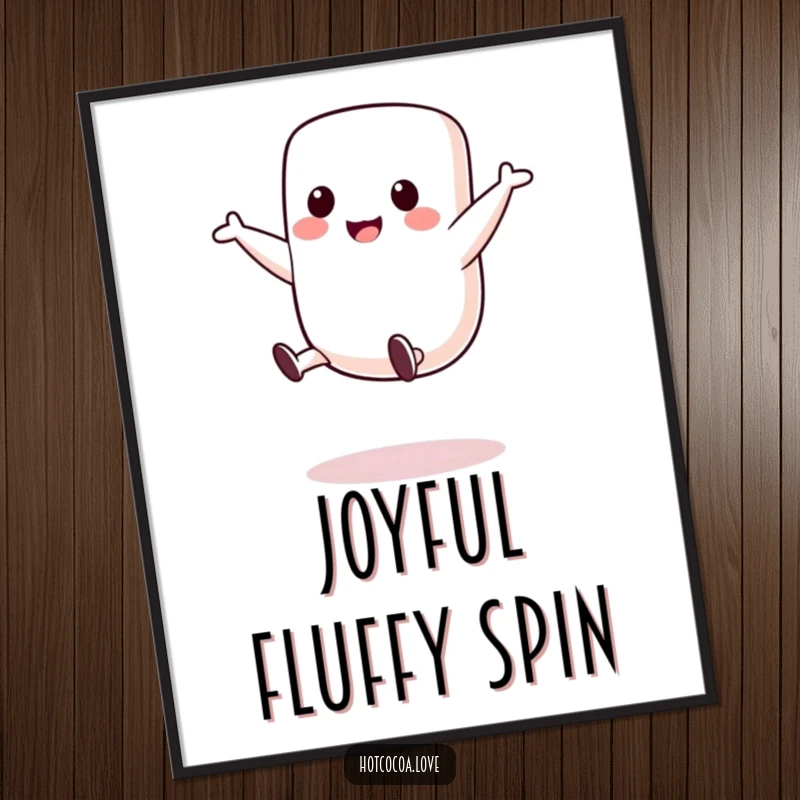 Funny digital art print of a cute marshmallow character performing a joyful cartwheel, radiating playful energy and happiness.