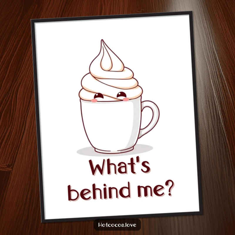 Funny digital art print of a mischievous whipped cream character hiding, instantly playful decor, great funny gift.