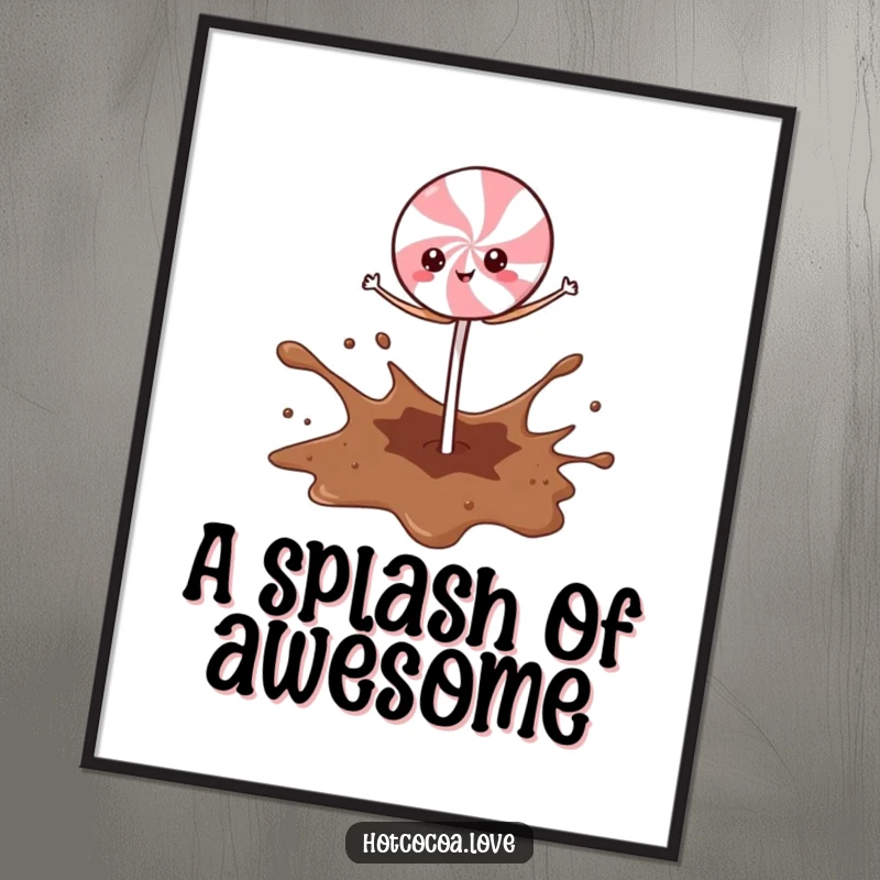 Funny Peppermint Stick character in a comical balancing act over a cocoa splash, downloadable humorous art print.