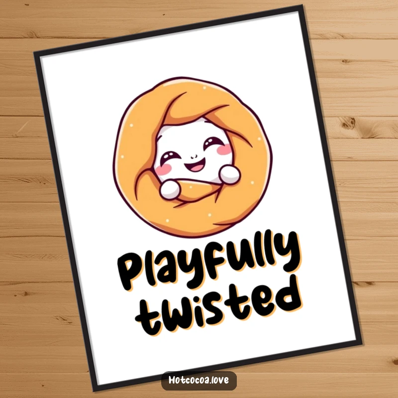 Funny pretzel character grinning and playfully twisting into a knot, a vibrant digital art print for immediate download and display.