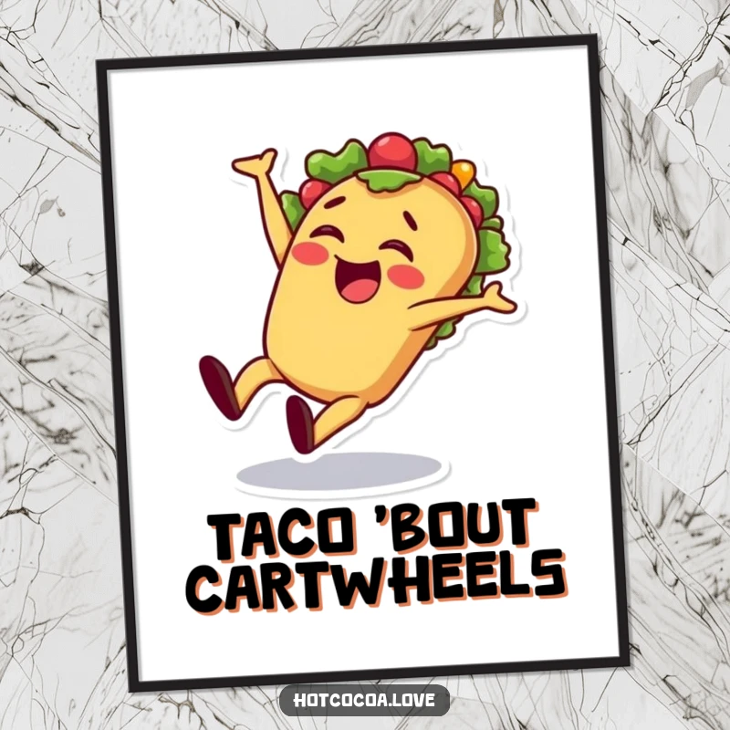 Funny taco cartwheel digital art print of a cheerful taco character doing a cartwheel, perfect for instant wall decor.