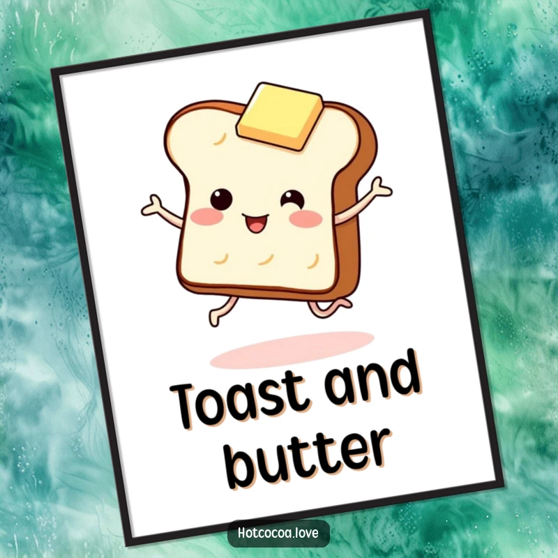 Funny digital art print of a giggling piece of toast with legs dancing with a butter pat. Instant breakfast humor decor.