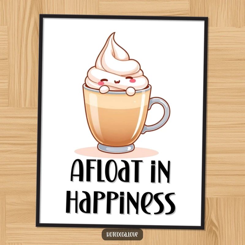 Funny digital art print of a content whipped cream character happily floating on a steaming hot beverage, embodying cozy relaxation.