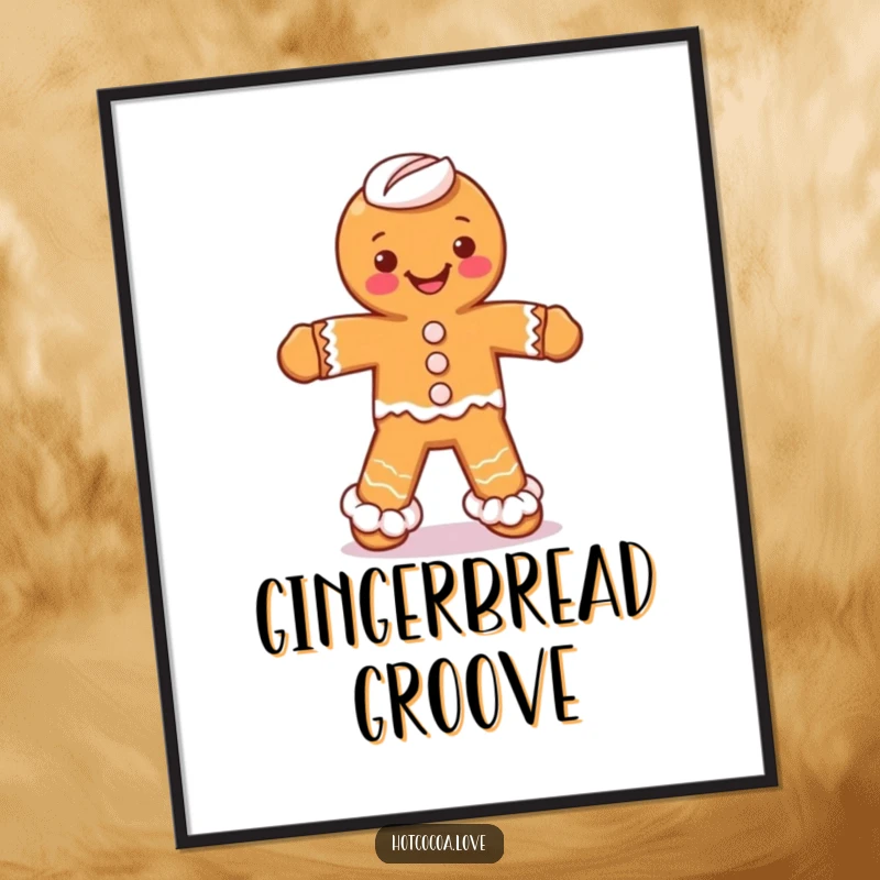 Funny digital art print of a gingerbread man character with whipped cream legs doing a silly dance, full of cheer.