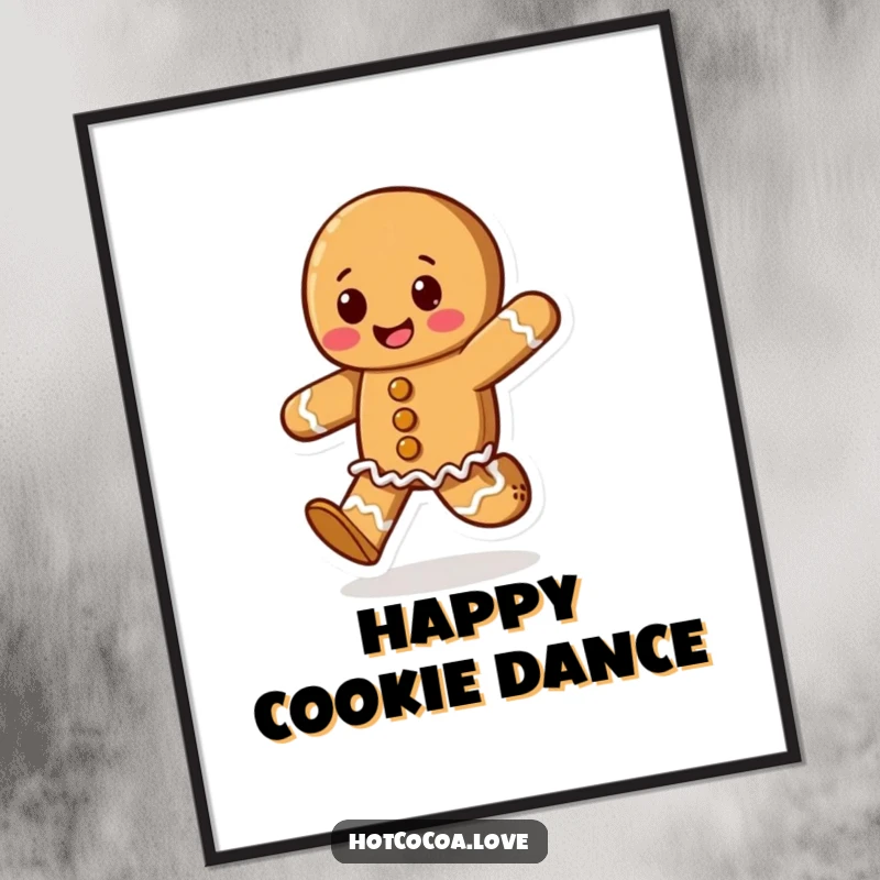 Funny digital art print of a cheerful gingerbread cookie character skipping happily, radiating festive holiday spirit and joy.
