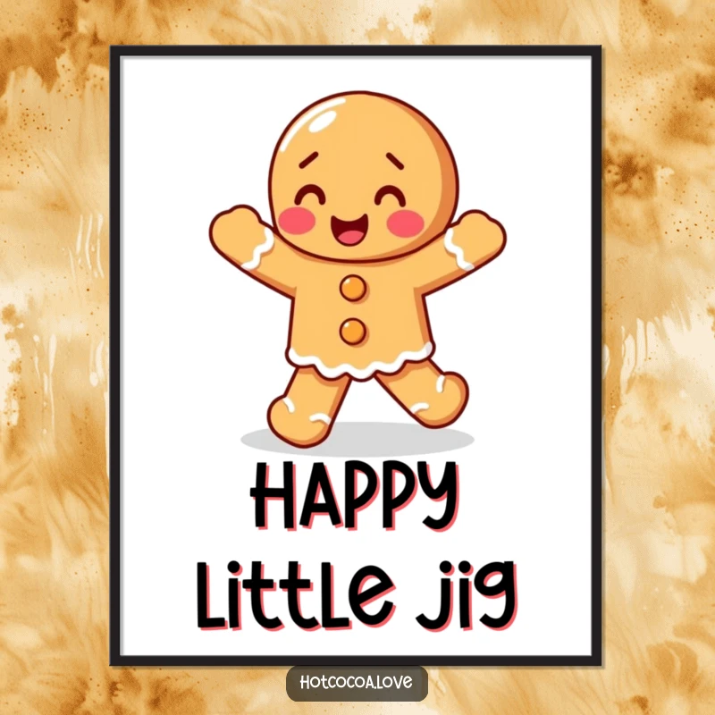 Funny delighted gingerbread person doing a happy jig, a vibrant digital art print for immediate download and display.